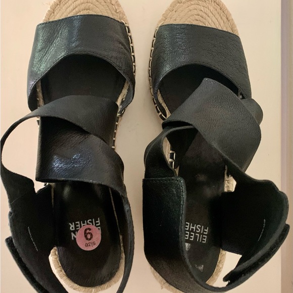 Eileen Fisher Willow Wedge Espadrille Sandal Shoe Velcro Black Leather Sz 9 - Picture 4 of 8